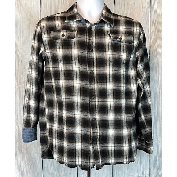 NWOT Bixby Nomad Boys XL 16-18 Long Sleeve Brown Black Plaid Button Down Shirt - Picture 1 of 7